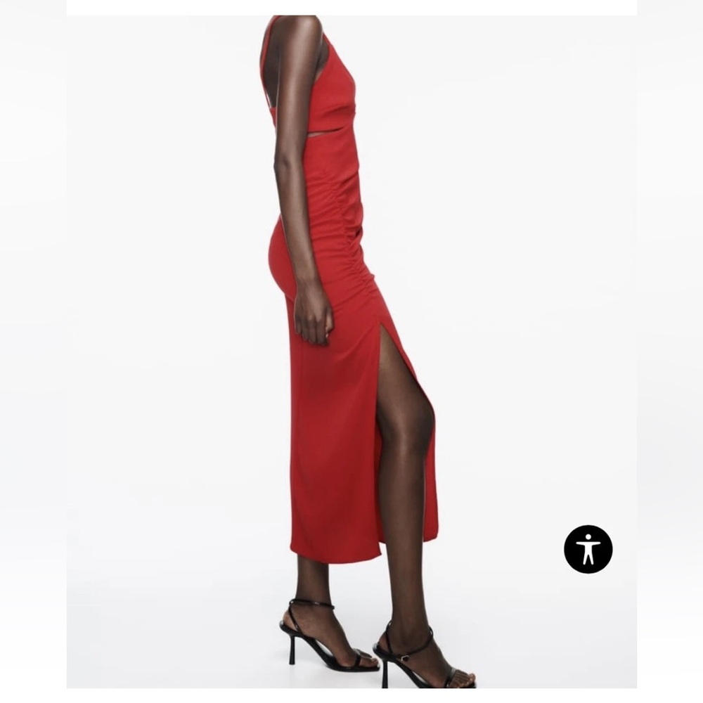 Zara Mesh Rushing Dress Slit Xs Red Color